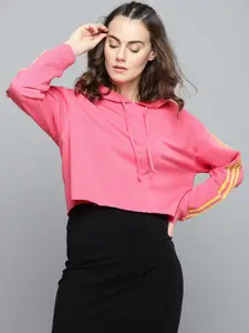 Besiva Women Pink Solid Hooded Crop Sweatshirt