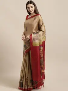 GoSriKi Beige & Maroon Art Silk Woven Design Khadi Saree