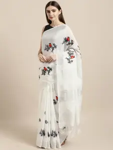 GoSriKi White Embroidered Linen Blend Saree