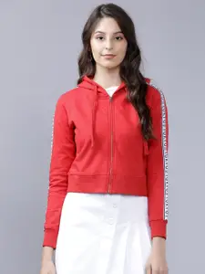 Tokyo Talkies Women Red Solid Hooded Sweatshirt