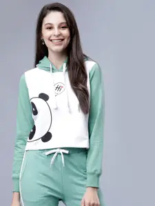 Tokyo Talkies Women Green & White Printed Hooded Sweatshirt