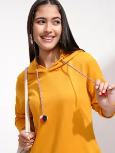 Tokyo Talkies Women Mustard Solid Hooded Sweatshirt