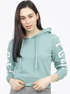 Tokyo Talkies Women Green Solid Hooded Sweatshirt
