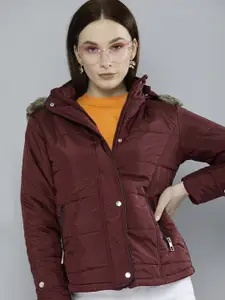 Tokyo Talkies Women Burgundy Detachable Hood Parka Jacket with Faux Fur Trim