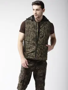 Flying Machine Men Olive Green & Black Detachable Hood Camouflage Print Jacket