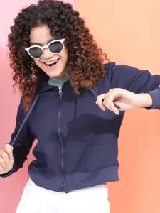 Tokyo Talkies Women Navy Blue & Red Solid Hooded Sweatshirt