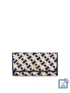 Eske Women Blue & Gold-Toned Textured Three Fold Wallet