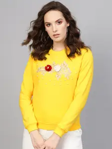 SASSAFRAS Women Yellow Embellished Sweatshirt