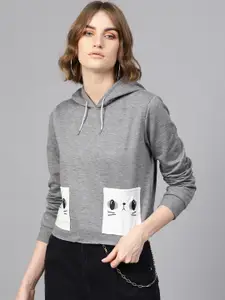 SASSAFRAS Women Grey Melange Solid Cropped Hooded Sweatshirt