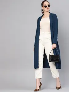 SASSAFRAS Women Teal Blue Longline Solid Open Front Winter Shrug