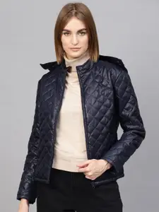 SASSAFRAS Women Navy Blue Solid Quilted Jacket with Detachable Hood