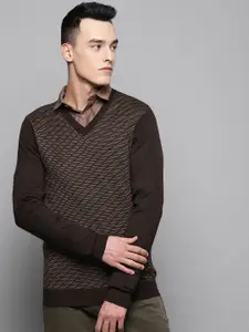 Louis Philippe Men Brown Self Design Sweater