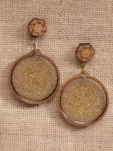 PANASH Brown & Gold-Toned Circular Kalakriti Wooden Engraved Drop Earrings