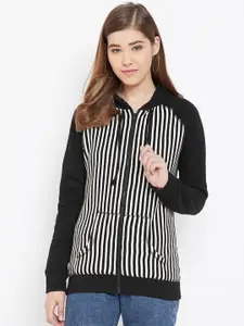 Rute Women Black & Off-White Striped Hooded Sweatshirt