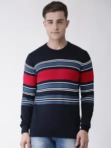 Celio Men Navy Blue & White Striped Pullover Sweater