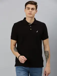 Nautica Men Black Solid Polo Collar Pure Cotton T-shirt
