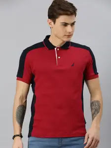 Nautica Men Red & Navy Blue Solid Polo Collar Pure Cotton T-shirt with Side Stripes