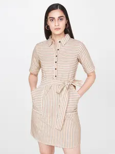 AND Women Beige & Cream-Coloured Striped Shirt Dress