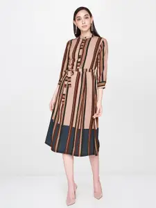 AND Women Striped Brown Fit and Flare Dress