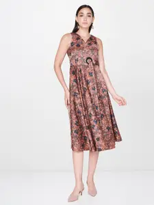 AND Women Rust Orange & Maroon Floral Printed Fit and Flare Dress