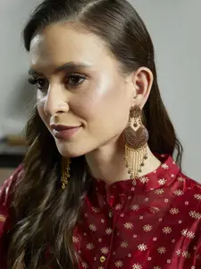 ANIKAS CREATION Maroon & Gold-Plated Enamelled Peacock Shaped Drop Earrings