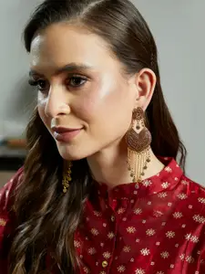 ANIKAS CREATION Maroon & Gold-Plated Enamelled Peacock Shaped Drop Earrings