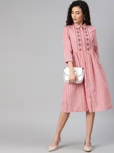 Chemistry Women Pink & White Striped A-Line Dress with Embroidery