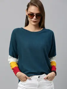 The Roadster Lifestyle Co Women Teal Blue Solid Pullover Sweater with Striped Sleeves