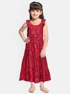 Global Desi Girls Maroon Ethnic Print Tiered A-Line Dress