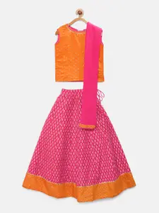 Global Desi Girls Orange & Pink Printed Ready to Wear Lehenga & Blouse with Dupatta