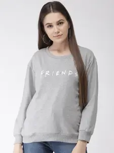 plusS Women Grey Melange & White Printed Sweatshirt