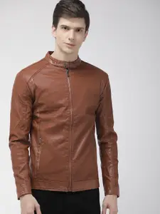 The Indian Garage Co Men Brown Self Design Biker Jacket