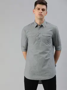 SPYKAR Men Grey & Black Slim Fit Micro Checked Longline Casual Shirt