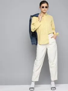 Marie Claire Women Yellow & Off-White Regular Fit Checked Casual Shirt