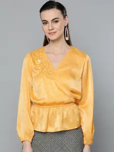 Marie Claire Women Yellow Satin Finish Solid Cinched Waist Wrap Top