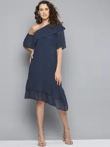 Marie Claire Women Navy Blue Self Design One Shoulder Midi A-Line Dress