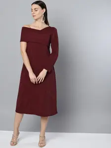 Marie Claire Women Burgundy Solid One-Shoulder A-Line Dress