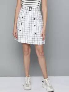 Marie Claire Women White & Black Checked A-Line Skirt