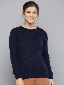 Marie Claire Women Navy Blue Embellished Cold-Shoulder Sweater