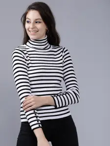 Tokyo Talkies Women White & Black Striped Sweater
