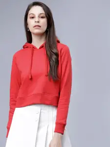 Tokyo Talkies Women Red Solid Hooded Sweatshirt