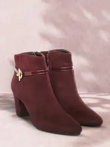 DressBerry Women Burgundy Suede Finish Block Mid-Top Heeled Boots with Metallic Toggle