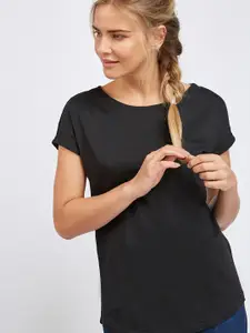 NEXT Women Black Solid Round Neck Pure Cotton T-shirt