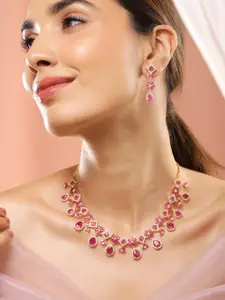 Rubans 22K Gold-Plated Ruby Pink & White Cubic Zirconia Studded Floral Drop Necklace Set