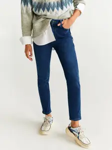 MANGO Women Navy Blue Noa Skinny Fit Mid-Rise Clean Look Cropped Stretchable Jeans