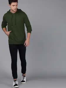 WROGN Men Olive Green Solid Slim Fit Hooded Sweatshirt