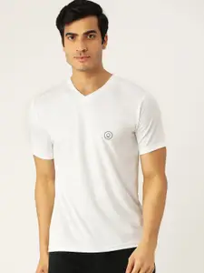 CHKOKKO Men White Solid Dry Fit V-Neck T-shirt