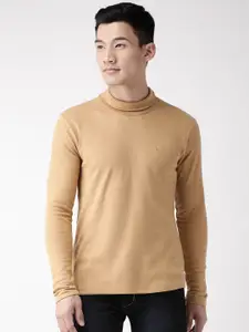 Chkokko Men Beige Solid High Neck T-shirt