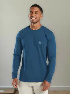 Chkokko Men Teal Blue Solid Round Neck Yoga Gym T-shirt