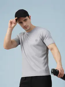 Chkokko Men Grey Solid Round Neck Yoga Gym T-shirt